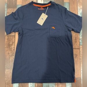 Tommy Bahama navy short sleeve shirt size small orange logo on pocket NWT